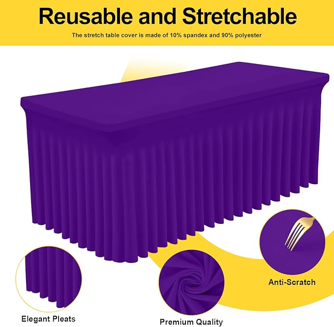 Smiry Spandex Tablecloth 2 Pack, Elastic Fitted Stretch Tablecloth for 8FT Rectangle Tables, Waterproof Washable Table Cover Skirt for Wedding, Banquet & Parties (Purple, 96Lx30Wx30H Inch)