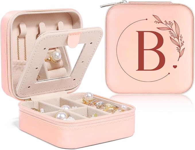 SANDJEST Personalized Jewelry Box, Pink Small Travel Jewelry Box with Initial B, Monogrammed Jewelry Case Organizer for Girls Women Teen, Mini Travel Essentials Gifts for Christmas Birthday