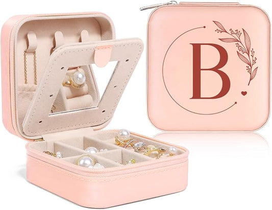 SANDJEST Personalized Jewelry Box, Pink Small Travel Jewelry Box with Initial B, Monogrammed Jewelry Case Organizer for Girls Women Teen, Mini Travel Essentials Gifts for Christmas Birthday