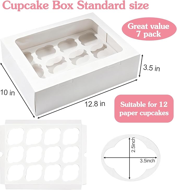 Moretoes 7 Pack Auto-popup Cupcake Boxes,12 Cupcake Containers, Bakery Carrier Boxes with Windows and Inserts for Grad Party Dessert Packaging (White)