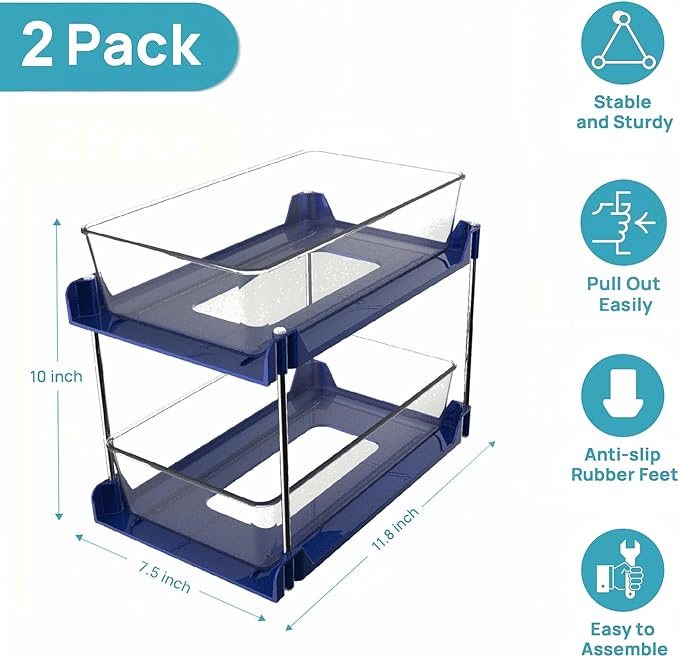 2 Pack 2 Tire Under Sink Organizer, Bathroom Organizers and Storage,Cabinet Drawers Bins, Pull-Out Organization with Track for Pantry, Kitchen,Fridge,Vanity Countertop (blue
