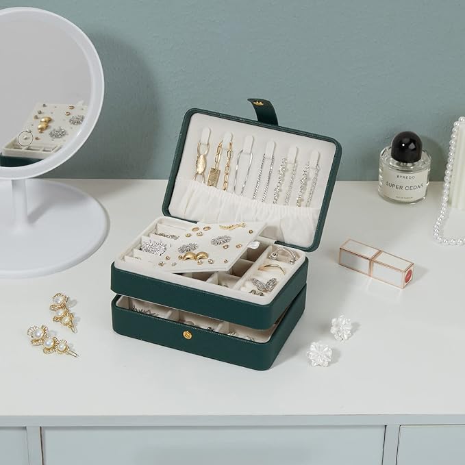 Jewelry Box for Women and Girls, PU Leather Made Jewelry Organizer, 3 Layers Jewelry Storage for Rings, Earings, Necklaces, Bracelets, Valentines Day Gifts (Green+Small)
