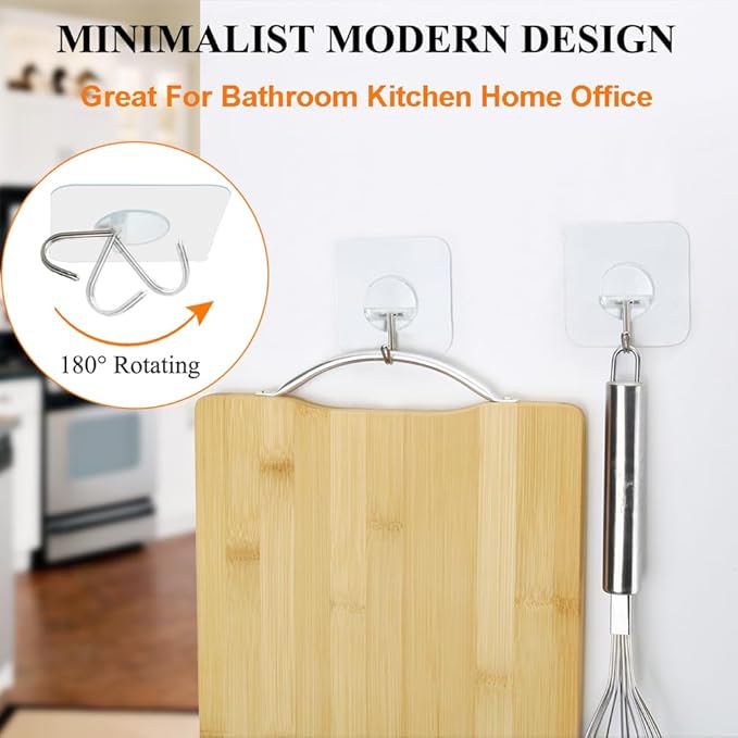 FOTYRIG Adhesive Hooks 15lb (Max) 180 Degree Rotating Heavy Duty Sticky Wall Hooks for Hanging, Space Saving Towel Hooks Holder, Seamless Stick on for Bathroom Kitchen Office Outdoors - 20 Packs