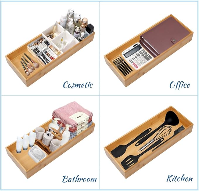 PRATIQUE Bamboo Drawer Organizer - Kitchen Utensil Organizer Silverware Tray Cutlery Holder, Office Desk Supplies and Accessories (5.9x3x2.6 inch)