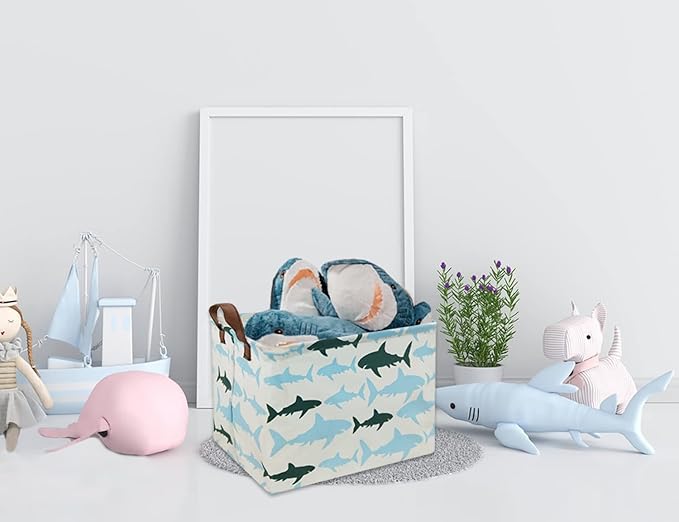 HIYAGON Baby Kids Storage Basket Shark Gift Basket Empty Boys Toy Storage Bin Organizer Box Rectangular Room Decor for Home,Books(Blue Shark)