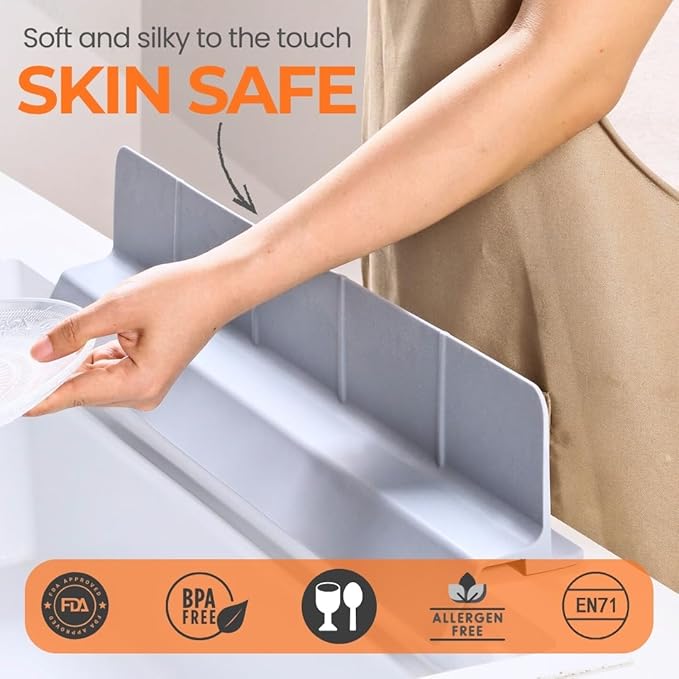 MessOut Extra Large Silicone Kitchen Sink Splash Guard 58x9x10cm – Non-Slip with Strong Suction, Non Crumble, Non-Harmful, Durable & Easy-to-Clean Protector for a Mess-Free Sink and Dishwashing (Grey)