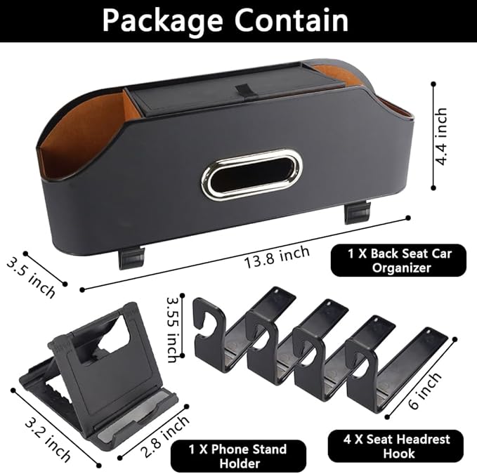 Abnaok Back Seat Car Organizer, 4-in-1 Multifunctional Car Back Seat Storage Box with Drink Cup Holder and Tissue Box, for Holding Phone, Snacks, Drinks, and Handbag