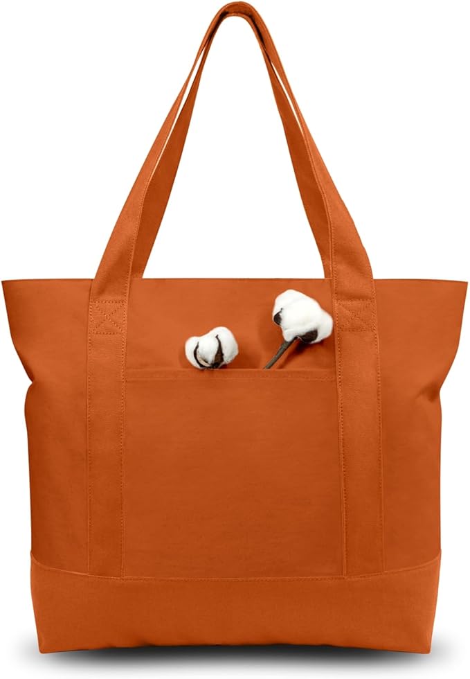TOPDesign 3-Pack Canvas Tote Bags with an External Pocket, Reusable Grocery Shopping Bags, Top Zipper Closure, Daily Essentials (Orange)