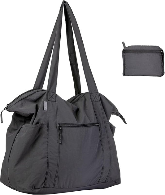 Ultra Light Packable Tote Bag Nylon for Travel, Lightweight Polyester Foldable Totes with Zipper, 25L Collapsible Compact Dark Grey, Gifts for Christmas