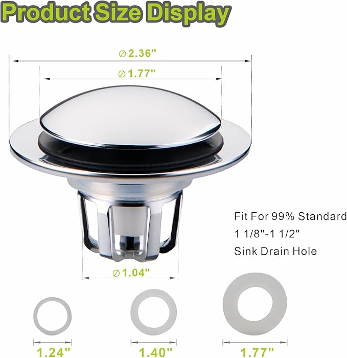 2 Pack Chrome Sink Drain Stopper,Glimflorus Universal 2-in-1 Pop Up Bathroom Sink Stopper with Hair Catcher and Strainer for 1 1/8"-1 1/2" Drain Holes