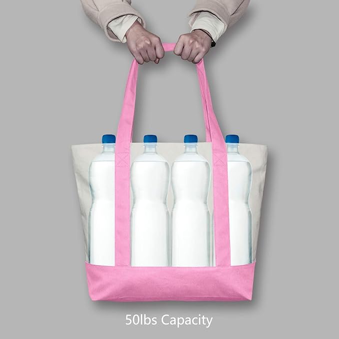 TOPDesign 6-Pack Canvas Tote Bags with an External Pocket, Reusable Grocery Shopping Bags, Top Zipper Closure, Daily Essentials (Pink/Natural)