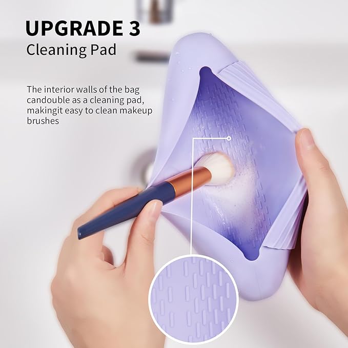 AGIKET 2 IN 1 Silicone Makeup Brush Holder with Beauty Make Up Sponge Holder Case：Soft Portable Cosmetic Face Brushes Holder with Upgrade Anti-Fall Out Magnetic Closure - Purple