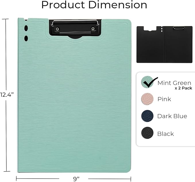 Y YOMA Clipboard Folder, A4 Foldable Plastic Clipboard with Metal Clip, 360° Rotating Cover, Waterproof Work Folder for Home, Office, School, Field Work, Outdoor - 2 Pack, Mint Green