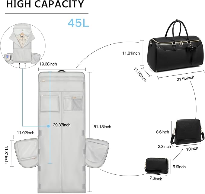 Garment Bags for Travel, 45L Carry-on Convertible Garment Duffle Bag for Men Women - 3-in-1 Hanging Suit Travel Bag with Shoulder Strap (Black-A)