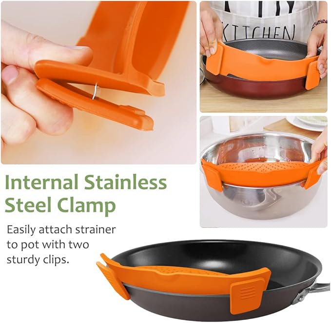 YEVIOR Clip on Strainer for Pots Pan Pasta,Silicone Food Strainer Hands-Free Pan Strainer, Clip-on Kitchen Food Strainer for Spaghetti, Pasta, Ground Beef Fits All Bowls and Pots (Orange)