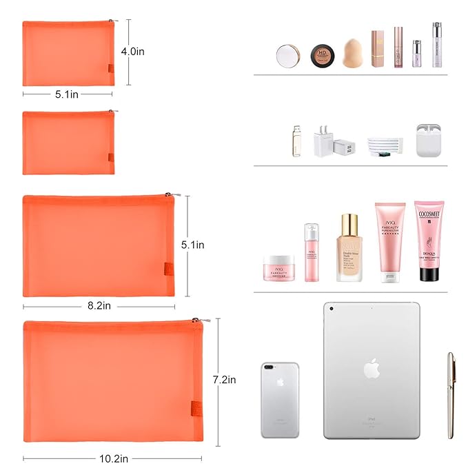 EASYFUN Mesh Pouch, Makeup Bag with Zipper Cosmetic Organizer Pouch for Daily or Travel to Keep Small Items, 4 PCS Orange