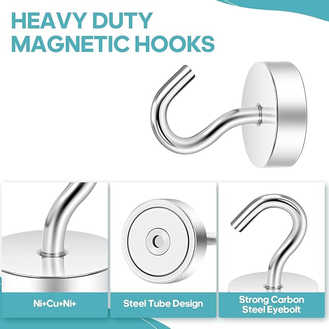Neosmuk Magnetic Hooks, Cruise Ship Essentials, 40lb+ Heavy Duty Magnetic Hooks for Cruise Cabins, Refrigerator, Grill, Hanging, and Travel | Extra Strong Must-Have Magnet Hook, Silver