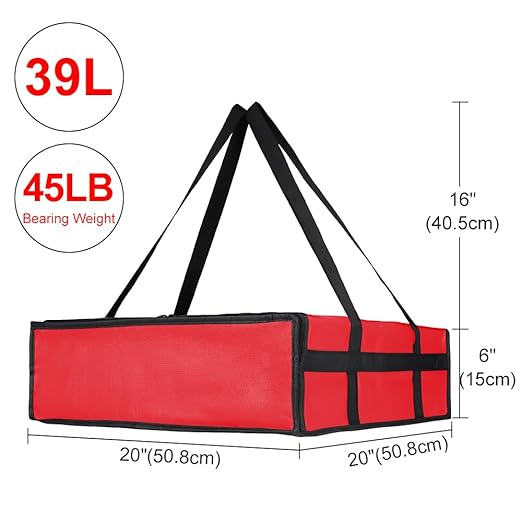 Insulated Pizza Delivery Bag for Carry Hot, 20" x 20" x 6" Carrier Warmer, Insulated Food Delivery Bag, Insulated Grocery Cooler Bags for Catering/Drivers, Commercial Food Warmers（Red, 1Pk）