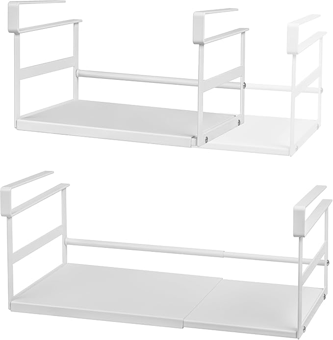 Selosiz 2Pack Under Shelf Storage Basket Organizer Expandable Width Add-On Space Saver Hanging Under Cabinet Pantry Kitchen Countertop Desktop Board Slide-in White Heavy-Duty Metal Higher Size