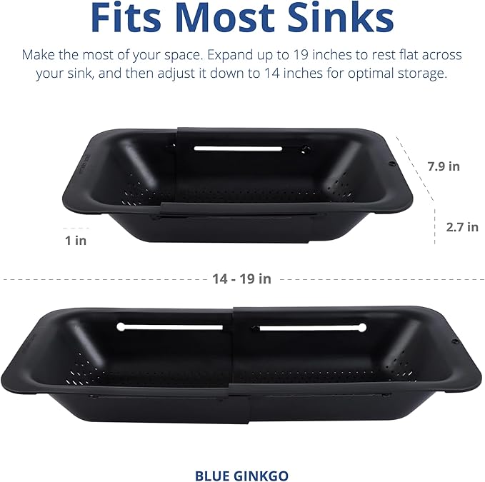 BLUE GINKGO Sink Colander Baskets - (Pack of 2) Wash Vegetables and Fruits, Drain Cooked Pasta and Dry Dishes - Extendable - New Home Kitchen Essentials (2 Black)