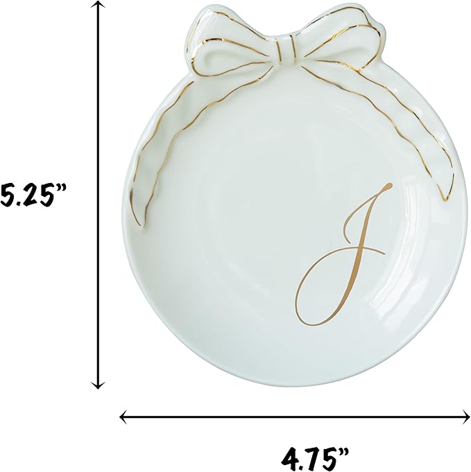 COLLECTIVE HOME - Personalized Initial Ceramic Jewelry Tray with Bow, Christmas Gift Ideas for Women, Small Gift for Girlfriend Wife, Ring Holder, Earrings Dish, Birthday Gift for Her (J)