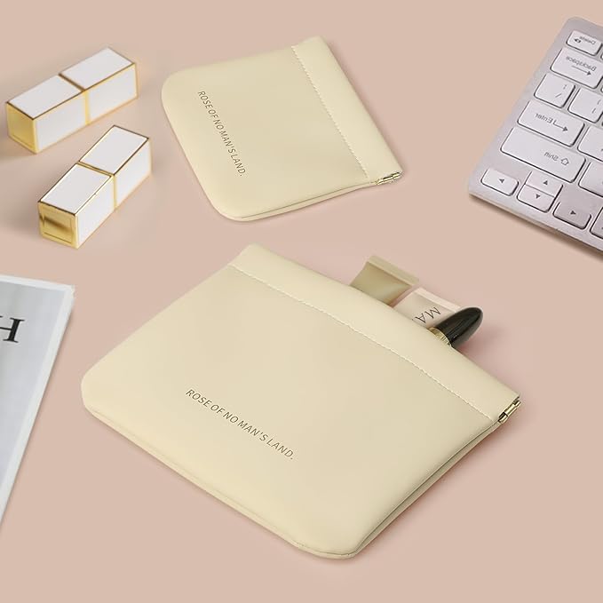 2pcs Small Pouches for Purse, Self-closing Mini Makeup Bag, Organosilicon Super Fiber Leather Coin Purse for Women Travel Pouch Small Cosmetic Bag| Lipstick, Jewelry, Change, Card (Beige)