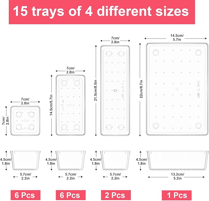 15 Piece Clear Plastic Drawer Organizers Set - 4 Sizes Bathroom & Dresser Storage Bins, Stackable Kitchen Desk Organizer Trays for Makeup, Jewelry, Utensils, Junk, Gadgets