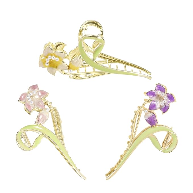 3-Piece Floral Metal Hair Clips, Lily Flower Hair Claw for Thin/Medium Thick Hair Claws, Elegant Barrettes Strong Hold Hair Clamps Non Slip Cute Hair Catch Clip Accessories (3-Color Lily)