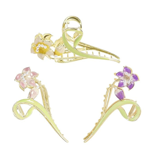 3-Piece Floral Metal Hair Clips, Lily Flower Hair Claw for Thin/Medium Thick Hair Claws, Elegant Barrettes Strong Hold Hair Clamps Non Slip Cute Hair Catch Clip Accessories (3-Color Lily)