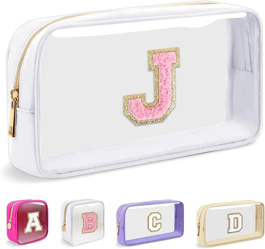 Small Clear Personalized Initial Makeup Bag,Nylon Preppy A-Z Chenille Letter Patch Cosmetic Pouch Beach Toiletry Bag,Waterproof Zipper Travel Purse Storage Bag Organizer for Women Girls(White-Pink J)