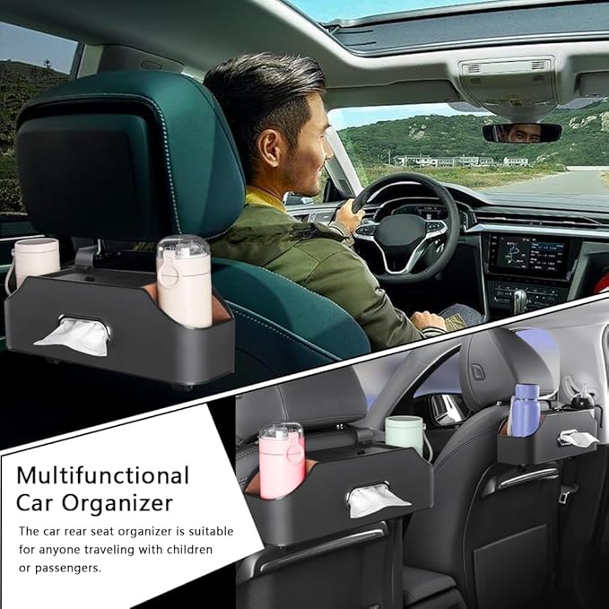 Abnaok Back Seat Car Organizer, 4-in-1 Multifunctional Car Back Seat Storage Box with Drink Cup Holder and Tissue Box, for Holding Phone, Snacks, Drinks, and Handbag