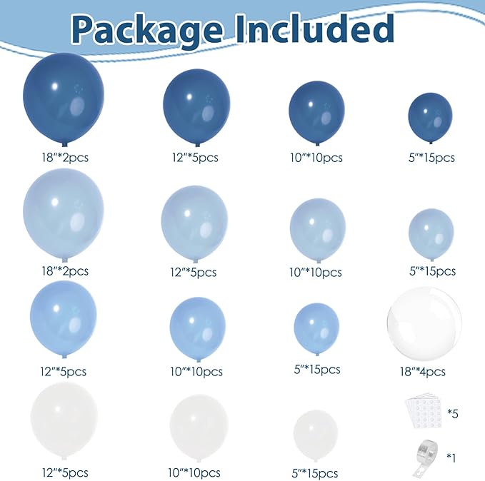 Dusty Blue Balloon Arch Kit, Pastel Blue Balloons with Dark Dusty Light Blue White Balloons Garland and Clear Balloons for Birthday Party Wedding Bridal Shower Gender Reveal Graduation Decoration