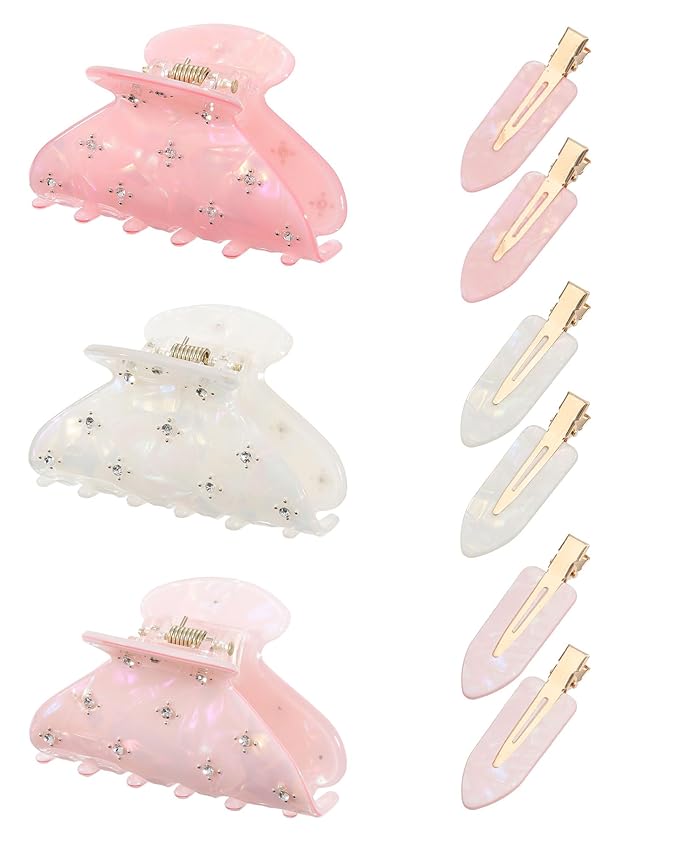 6PCS Acrylic Marbled Hair Claw Clips - Include No Bend No Crease Hair Clips and Medium Rhinestone Claw Clip, Cute Stylish Hair Accessories for Women Makeup, Strong Hold Non Slip for Thick Thin Hair