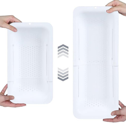 BLUE GINKGO Over the Sink Colander Strainer Basket - Wash Vegetables and Fruits, Drain Cooked Pasta and Dry Dishes - Extendable - New Home Kitchen Essentials (7.9 W x 14.5-19.5 L x 2.75 H) - White