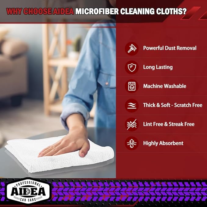 AIDEA Microfiber Cleaning Cloth White 150PK, Microfiber Towels for Cars, Premium Car Cloth, Dusting Cloths Lint Free Cleaning Rags for SUVs, House, Kitchen, Window, Workshops, 12×12"