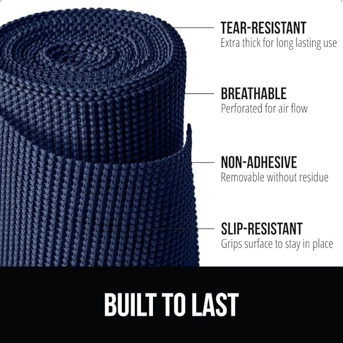 GORILLA GRIP powerGRIP Drawer Shelf and Cabinet Liner, Thick Strong Hold, Non-Adhesive Liners Protect Kitchen Cabinets and Cupboard, Bathroom Drawers, Easy Install, Breathable Mat, 17.5" x10', Navy