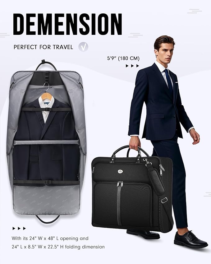 MATEIN Men's Garment Bags for Travel, Large Travel Suit Bag Up to 7 Suits with Strap, Wrinkle-Free Carry-On Garment Bags for Hanging Clothes, Business Suitcase Luggage Bag Fits 17.3 Inch Laptop, Black