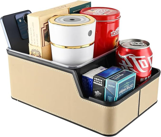Car Organizer Between Back Seat, Car Armrest Storage Box with Compartment, Multifunctional Front Seat Organizer, Center Console Cup Holder Tray, Car Seat Organizer with Non-slip Mat (Beige)