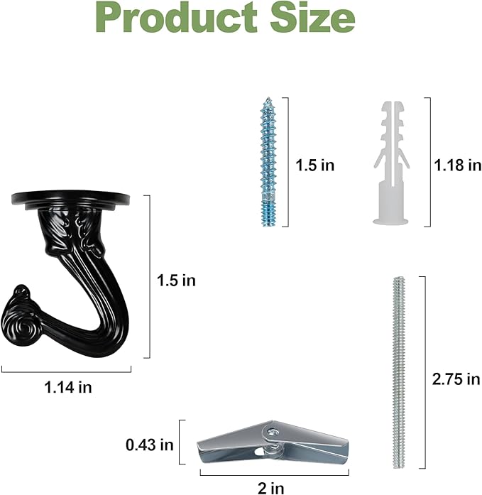 Aidoclip Ceiling Swag Hook Sets - Heavy Duty Hooks with Mounting Hardware for Hanging Plant, Ceiling or Extender Chains - Easy Install with Screws/Brackets (10 pcs - Black)