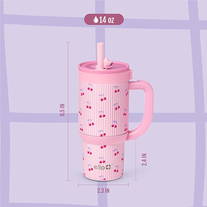 Ello Oasis 14oz Stainless Steel Toddler Tumbler with Handle & Retracting Straw, 100% Leakproof, Double-Wall Vacuum Insulated, Kids Water Bottle for School, BPA Free, Dishwasher Safe, Preppy Cherries