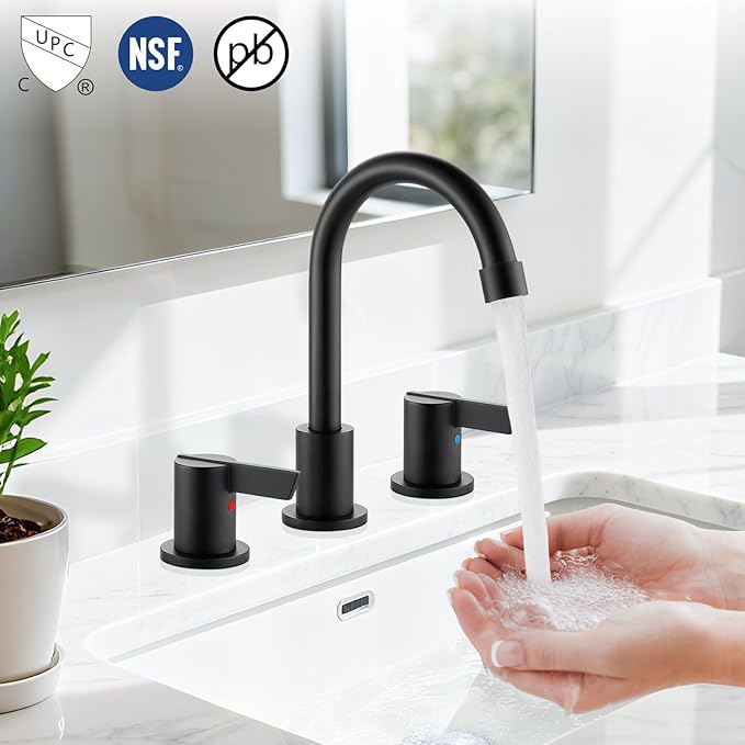 Cinwiny Bathroom Sink Faucet 3 Hole, 8 Inch Widespread Bathroom Sink Faucet with 2 Handles, Pop-up Drain & Hair Catcher Included for Vanity RV Farmhouse Sink, Matte Black