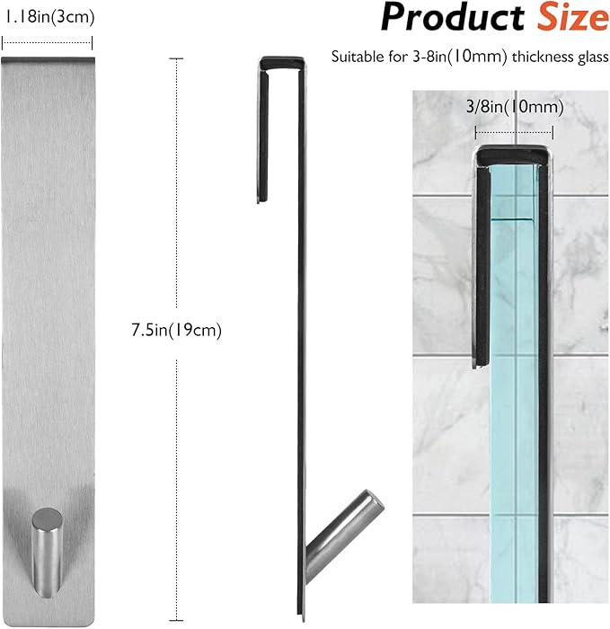 Kontoyo Shower Door Hooks (7.5 Inch), Extended Over Door Hooks for Bathroom Frameless Glass Shower Door, Stainless Steel Towel Hooks, Heavy Duty Rack Hooks for Robe, Towel - 2 Pack - Silver