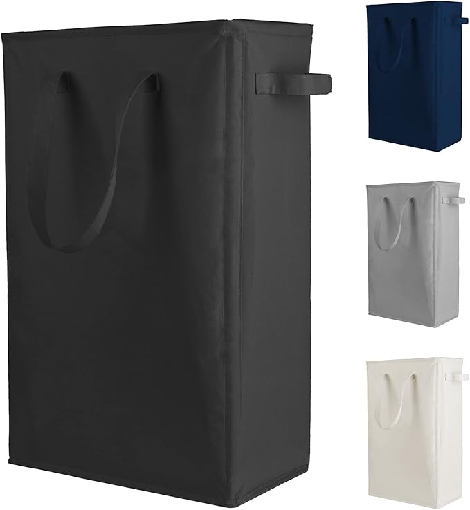 Odonata Slim Laundry Hamper, Collapsible Laundry Basket with Handles, Thin Dirty Clothes Basket, Narrow Laundry Bag, Foldable Dirty Hamper, 45L (Black)