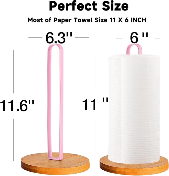 TONLEA Wooden Paper Towel Holder Countertop, Kitchen-Towel-Holder FreeStanding with Non-Slip Base for Bathroom (Light Pink)