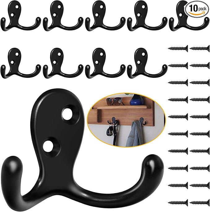 10 Pack Coat Hooks, Heavy Duty Double Prong Coat Hooks Wall Mounted with 20 Screws, No Rust Black Metal Wall Hooks for Hanging Towel, Coat, Bag, Hat, Cup, Key