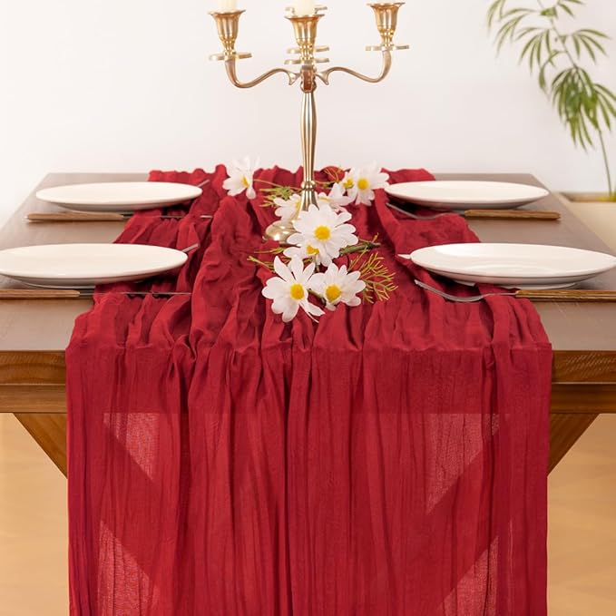 Socomi 6pcs Red Cheesecloth Table Runner Boho Rustic Gauze 120 inch 10FT Cheese Cloth Sheer Runner for Wedding Party Baby Shower Birthday Home Decor Holiday Decorations