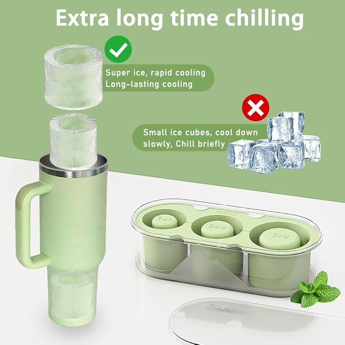 Ice Mold for Stanley Cup 30/40 Oz - Easy Fill and Release Without Touching Ice, Silicone Ice Cube Tray with Clear Lid and Bin for Freezer, Whiskey, Cocktail (Green)