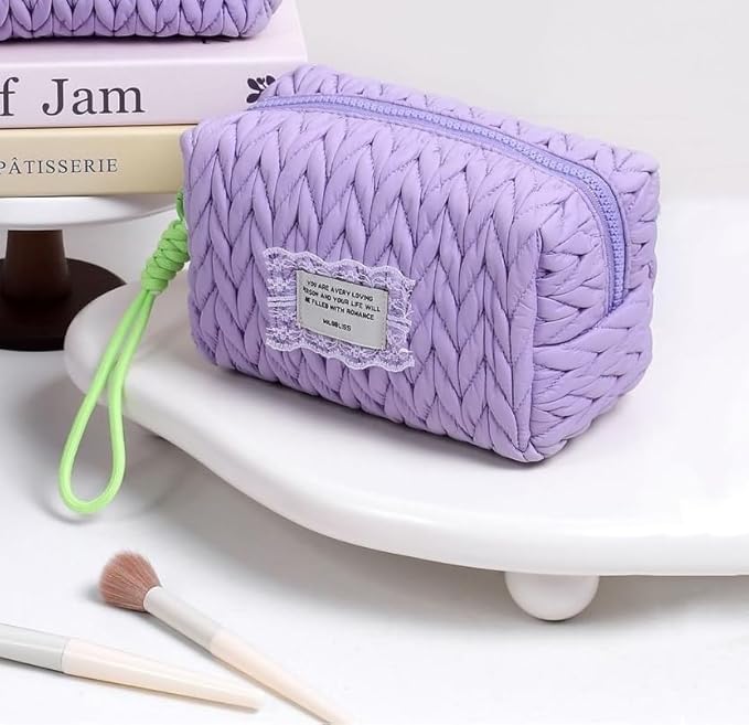 DOB SECHS Small Puffer Makeup Bag Quilted Cosmetic Bag with Handle, Cute Makeup Pouch for Purse, Cotton Woven Puffy Toiletry Bag for Women Mini Quilt Travel Essentials Organized Zipper Pouches, Purple