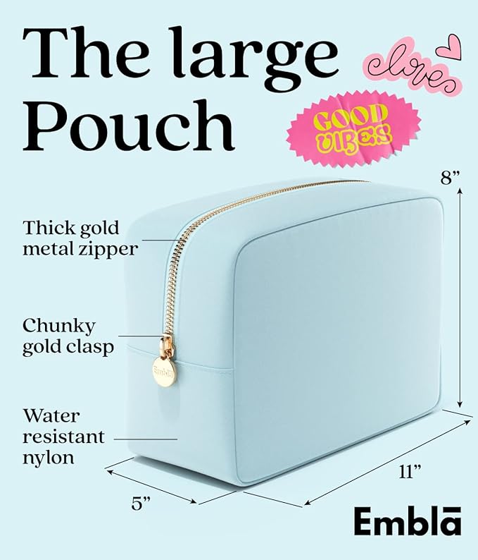 Embla Makeup Bag Travel Cosmetics Pouch and Toiletry Bag, Nylon Zipper Pouch Purse, Cute Make Up Organizer Storage Tote for Women Girls, Waterproof Travel Skincare Case, Large Makeup Bags, Sky Blue