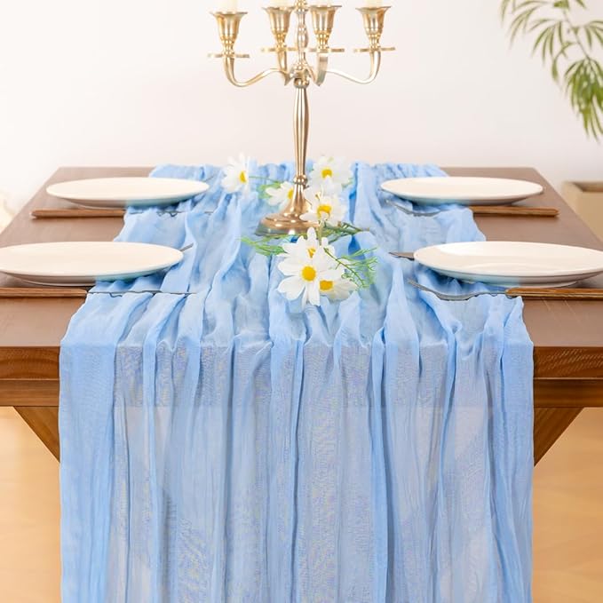 Socomi 10pcs Blue Summer Cheesecloth Table Runner Light Blue Boho Rustic Gauze 120 inch 10FT Cheese Cloth Sheer Runner for Wedding Party Baby Shower Birthday Home Decor Holiday Decorations